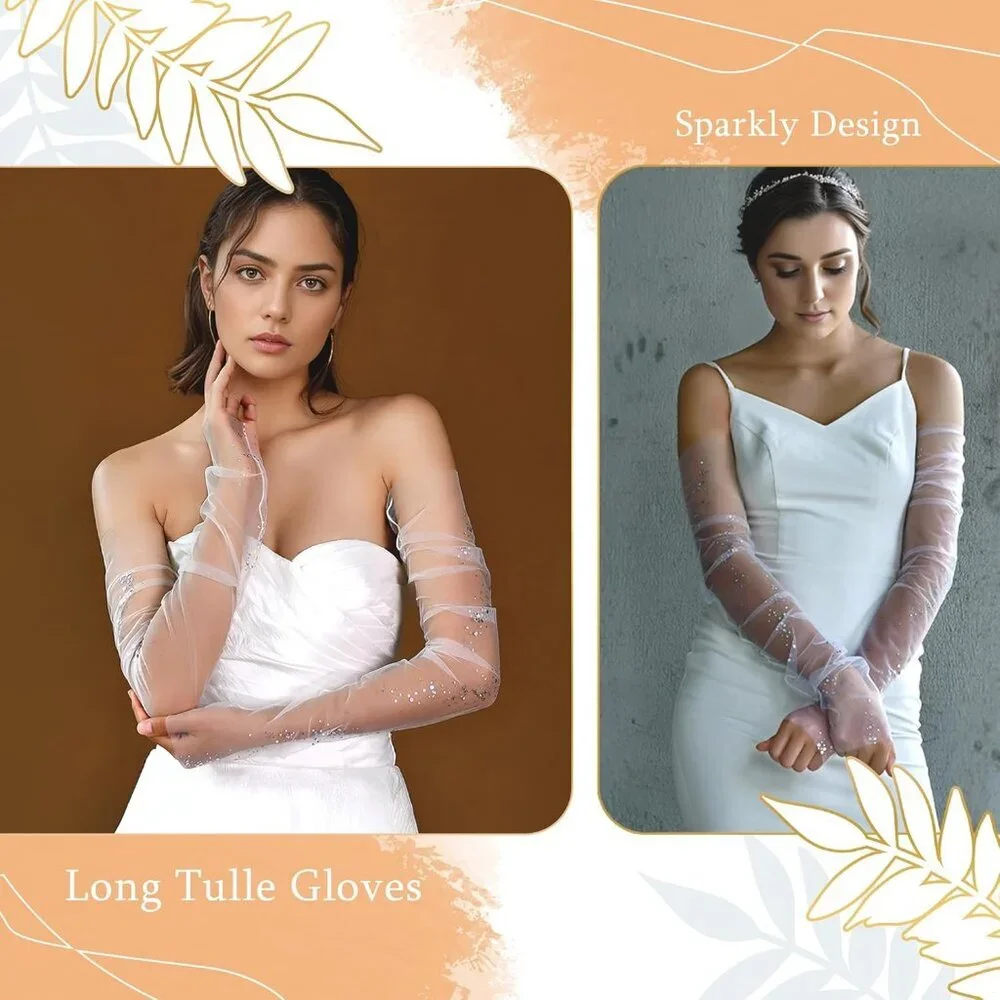 Women's Snow White Tulle Pearl Long Sleeves Gloves Bridal Party Prom Costumes